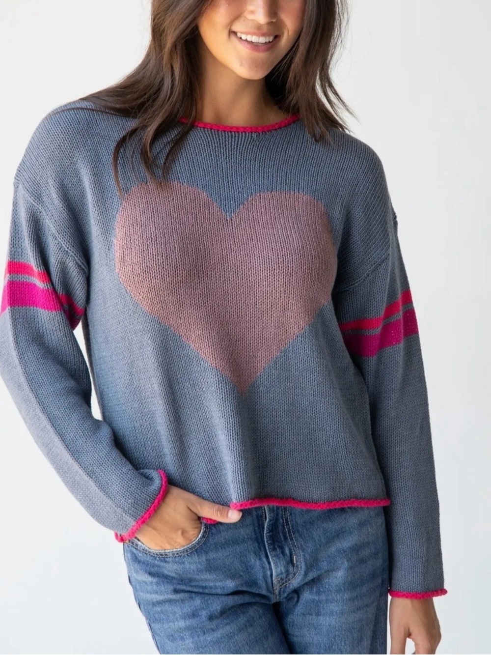 Natural Life Heart Knit Sweater Dusty Blue Pink Lightweight Pullover Size L/X - Picture 1 of 10